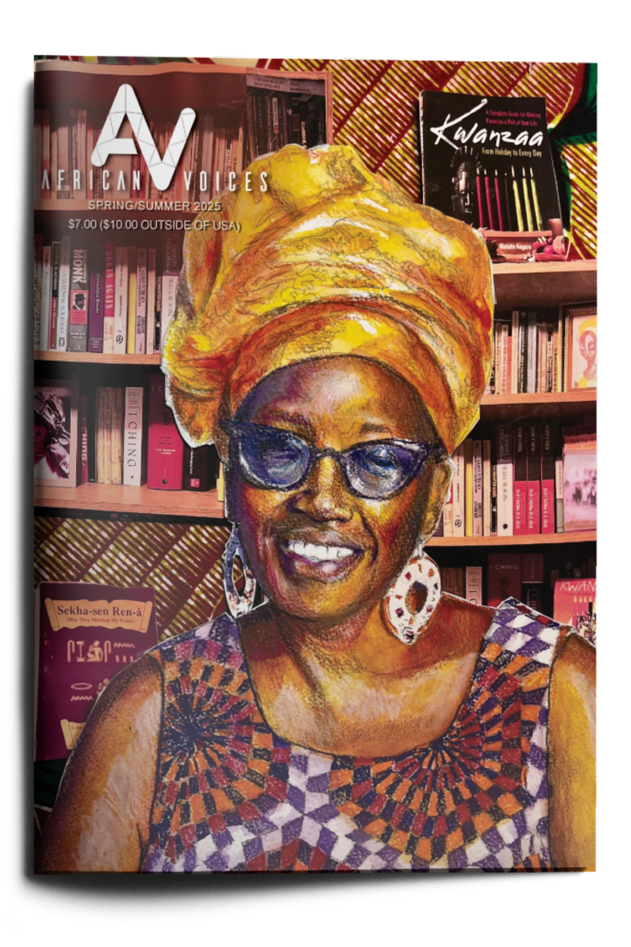 Cover of African Voices magazine featuring a smiling Black woman in a yellow headwrap, patterned dress, and blue glasses, with a colorful, artistic filter. She stands before bookshelves filled with books and a visible “Kwanzaa” sign.