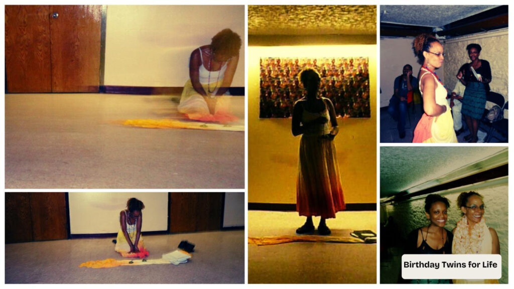 A woman in a yellow dress performs a floor art project in a dim room; three inset images show her smiling with friends, posing together, and standing in silhouette. A “Birthday Twins for Life” label appears in the bottom right corner.