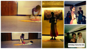 A woman in a yellow dress performs a floor art project in a dim room; three inset images show her smiling with friends, posing together, and standing in silhouette. A “Birthday Twins for Life” label appears in the bottom right corner.