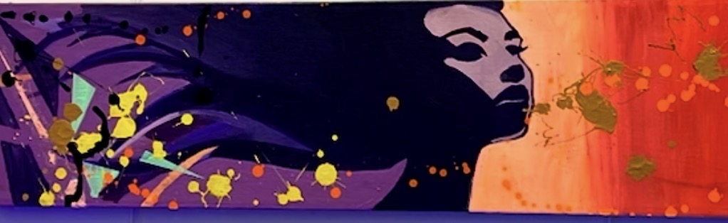 Stylized painting of a woman’s face in profile, shaded in purple against a vivid background. The left side shows dark purple waves and geometric shapes, while the right side has orange-red hues with yellow paint splatters. The image is bold and abstract.