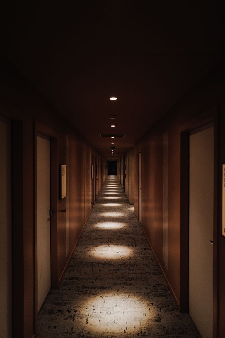 A long, narrow hotel corridor with dim lighting. Captures a moody and mysterious atmosphere.