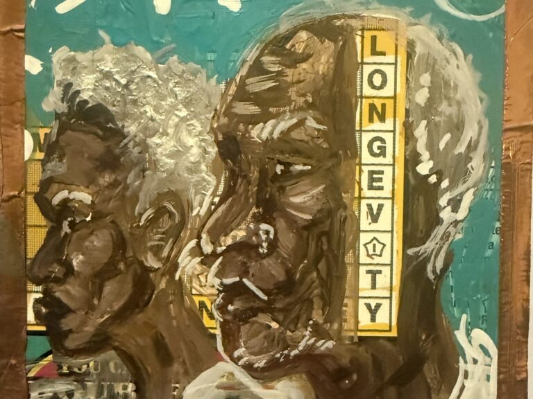An expressionist painting depicts two Black individuals in profile against a teal background. The word “WORD” is at the top, and a vertical banner on the right face reads “LONGEVITY.” The figures have textured, white-painted hair and are draped in loose, gestural white fabric.