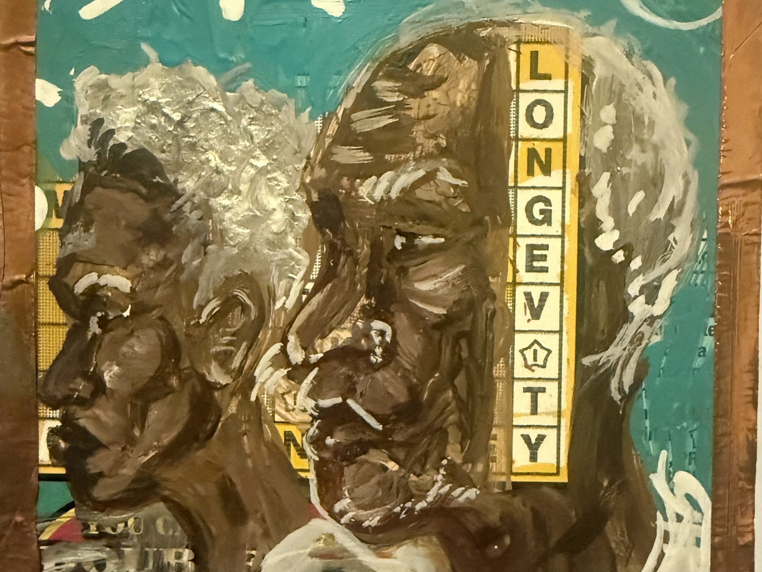An expressionist painting depicts two Black individuals in profile against a teal background. The word “WORD” is at the top, and a vertical banner on the right face reads “LONGEVITY.” The figures have textured, white-painted hair and are draped in loose, gestural white fabric.